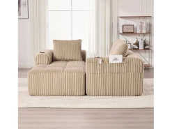Outlet Merax Sofá modular de 4 lugares - 253 x 158 x 61 cm - com bolso lateral + porta-copos + 3 almofadas - veludo - cáqui Caqui
