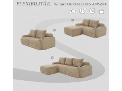 Merax Sofá modular de 3 lugares - 268 x 174 x 80 cm - com 1 pufe + porta-copos + bolso de arrumação - veludo - cáqui^ Sofá