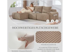 Merax Sofá modular de 3 lugares - 268 x 174 x 80 cm - com 1 pufe + porta-copos + bolso de arrumação - veludo - cáqui^ Sofá