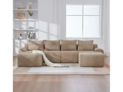 Merax Sofá modular de 4 lugares - 333 x 174 x 80 cm - com 2 pufes + porta-copos + compartimento de arrumação - veludo - cáqui^ Sofá
