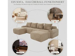 Merax Sofá modular de 4 lugares - 333 x 174 x 80 cm - com 2 pufes + porta-copos + compartimento de arrumação - veludo - cáqui^ Sofá