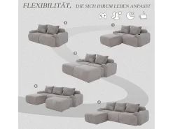 Sofá|Merax Sofá modular de 3 lugares - 268 x 174 x 80 cm - com 2 pufes + porta-copos + compartimento de arrumação - veludo - cinza claro Cinzento claro