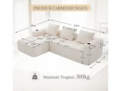 Sofá|Merax Sofá modular de 4 lugares - 253 x 158 x 61 cm - com bolso lateral + porta-copos + 3 almofadas - veludo - Bege