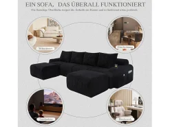 Sale Merax Sofá modular de 4 lugares - 333 x 174 x 80 cm - com 2 pufes + porta-copos + compartimento de arrumação - veludo - Preto