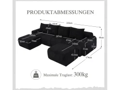 Sale Merax Sofá modular de 4 lugares - 333 x 174 x 80 cm - com 2 pufes + porta-copos + compartimento de arrumação - veludo - Preto