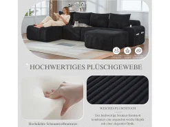 Sale Merax Sofá modular de 4 lugares - 333 x 174 x 80 cm - com 2 pufes + porta-copos + compartimento de arrumação - veludo - Preto