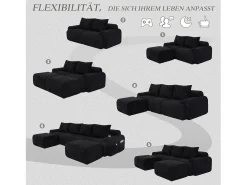 Sale Merax Sofá modular de 4 lugares - 333 x 174 x 80 cm - com 2 pufes + porta-copos + compartimento de arrumação - veludo - Preto
