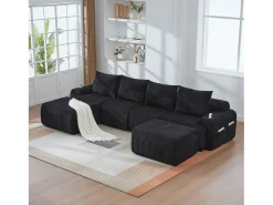 Sale Merax Sofá modular de 4 lugares - 333 x 174 x 80 cm - com 2 pufes + porta-copos + compartimento de arrumação - veludo - Preto