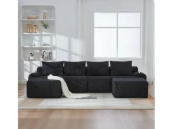 Sale Merax Sofá modular de 4 lugares - 333 x 174 x 80 cm - com 2 pufes + porta-copos + compartimento de arrumação - veludo - Preto