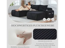 Online Merax Sofá modular de 3 lugares - 268 x 174 x 80 cm - com 2 pufes + porta-copos + compartimento de arrumação - veludo - Preto