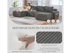 Hot Merax Sofá modular de 4 lugares - 333 x 174 x 80 cm - com 2 pufes + porta-copos + compartimento de arrumação - veludo - cinza escuro Cinzento