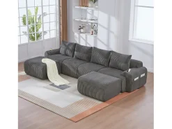 Hot Merax Sofá modular de 4 lugares - 333 x 174 x 80 cm - com 2 pufes + porta-copos + compartimento de arrumação - veludo - cinza escuro Cinzento