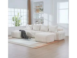 Sofá|Merax Sofá modular de 4 lugares - 333 x 174 x 80 cm - com 2 pufes + porta-copos + compartimento de arrumação - veludo - Bege