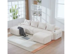 Sofá|Merax Sofá modular de 4 lugares - 333 x 174 x 80 cm - com 2 pufes + porta-copos + compartimento de arrumação - veludo - Bege