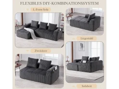 Hot Merax Sofá modular de 4 lugares - 253 x 158 x 61 cm - com bolso lateral + porta-copos + 3 almofadas - veludo - cinza escuro Cinzento