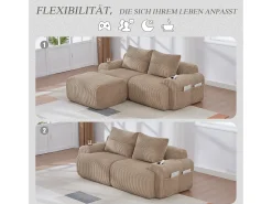 Sofá*Merax Sofá modular de 2 lugares - 200 x 174 x 80 cm - com 1 pufe + porta-copos + bolso de arrumação - veludo - cáqui Caqui