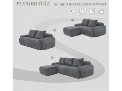 Sofá*Merax Sofá modular de 3 lugares - 268 x 174 x 80 cm - com 1 pufe + porta-copos + bolso de arrumação - veludo - cinza escuro Cinzento