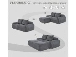 Sofá|Merax Sofá modular de 2 lugares - 200 x 174 x 80 cm - com 2 pufes + porta-copos + compartimento de arrumação - veludo - cinza escuro Cinzento
