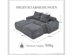 Sofá|Merax Sofá modular de 2 lugares - 200 x 174 x 80 cm - com 2 pufes + porta-copos + compartimento de arrumação - veludo - cinza escuro Cinzento