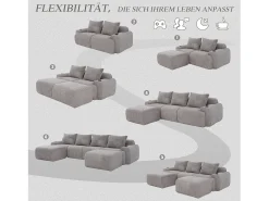 Outlet Merax Sofá modular de 4 lugares - 333 x 174 x 80 cm - com 2 pufes + porta-copos + compartimento de arrumação - veludo - cinza claro Cinzento claro