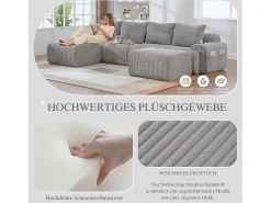 Outlet Merax Sofá modular de 4 lugares - 333 x 174 x 80 cm - com 2 pufes + porta-copos + compartimento de arrumação - veludo - cinza claro Cinzento claro