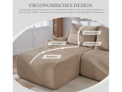 Sofá|Merax Sofá modular de 3 lugares - 268 x 174 x 80 cm - com 2 pufes + porta-copos + bolso de arrumação - veludo - cáqui Caqui