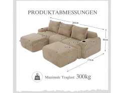 Sofá|Merax Sofá modular de 3 lugares - 268 x 174 x 80 cm - com 2 pufes + porta-copos + bolso de arrumação - veludo - cáqui Caqui