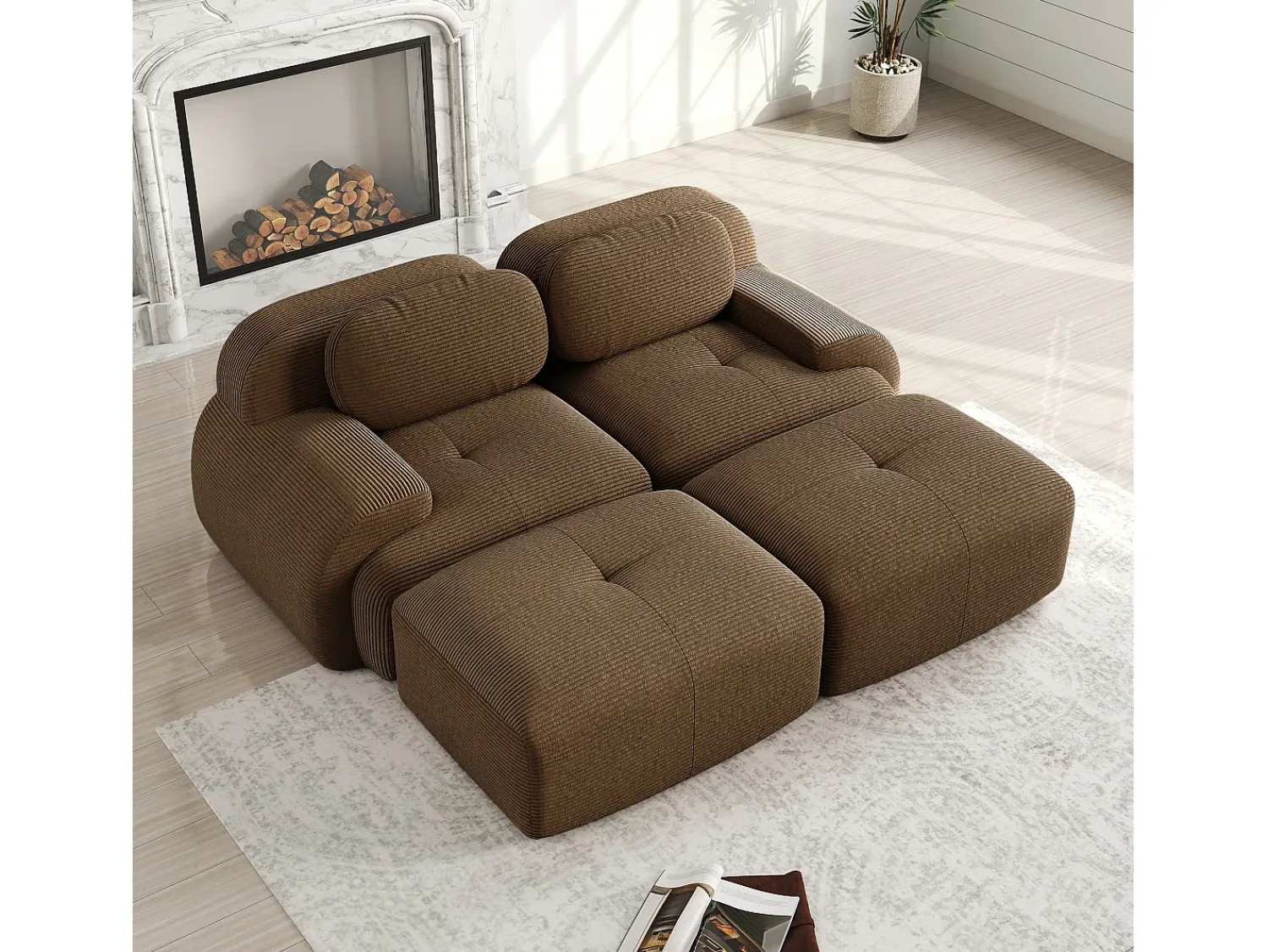 New Sofá modular de 2 lugares com chaise longue em veludo cotelê marrom. Castanho