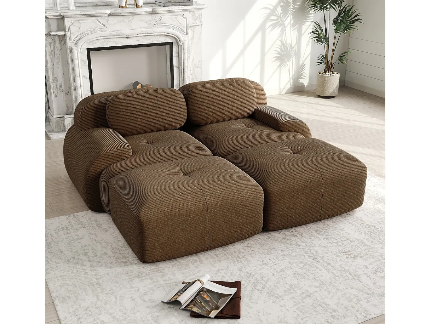 New Sofá modular de 2 lugares com chaise longue em veludo cotelê marrom. Castanho