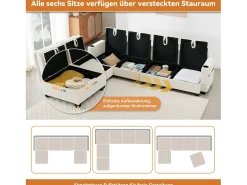 Sofá*Merax Sofá modular de 6 lugares com arrumação + apoio para os pés removível + portas USB - 280 x 152 x 83 cm - Veludo - Bege