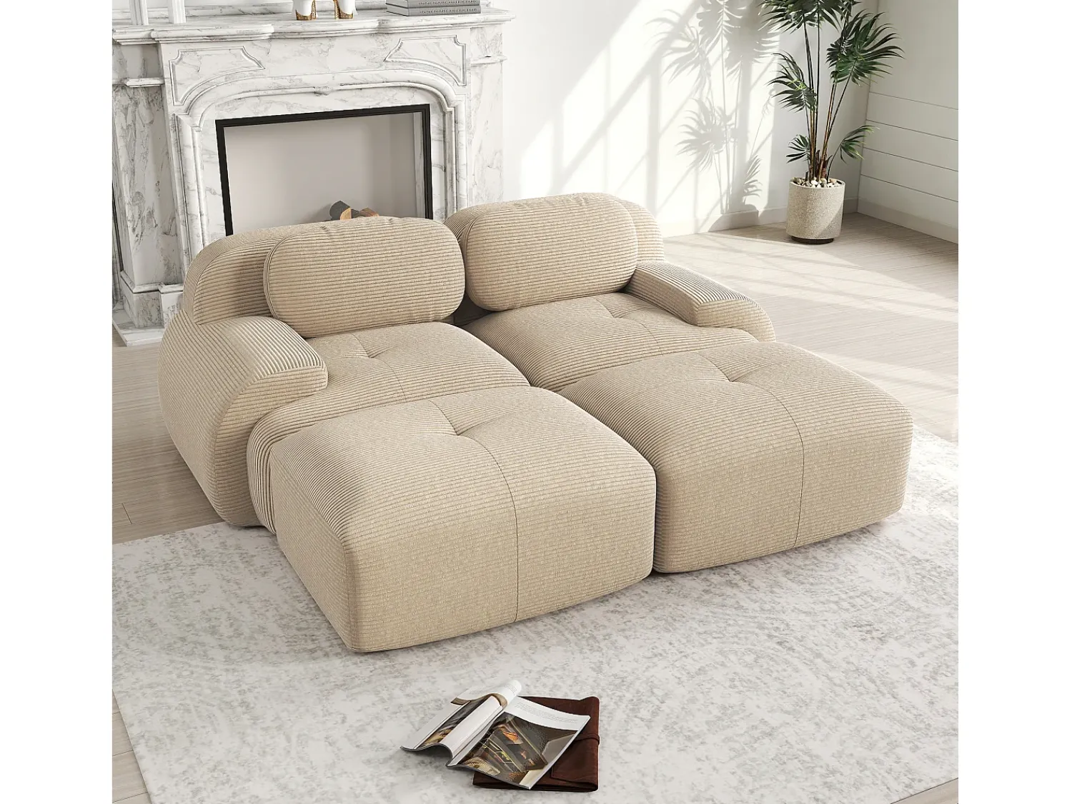 Sofá modular de 2 lugares com chaise longue em veludo cotelê .^ Sofá