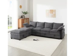 Sofá|Merax Sofá modular de 6 lugares com arrumação + apoio para os pés removível + portas USB - 280 x 152 x 83 cm - Veludo - Cinzento