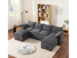 Sofá|Merax Sofá modular de 6 lugares com arrumação + apoio para os pés removível + portas USB - 280 x 152 x 83 cm - Veludo - Cinzento