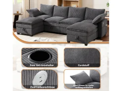 Sofá|Merax Sofá modular de 6 lugares com arrumação + apoio para os pés removível + portas USB - 280 x 152 x 83 cm - Veludo - Cinzento