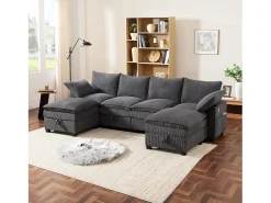 Sofá|Merax Sofá modular de 6 lugares com arrumação + apoio para os pés removível + portas USB - 280 x 152 x 83 cm - Veludo - Cinzento