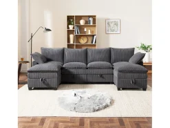 Sofá|Merax Sofá modular de 6 lugares com arrumação + apoio para os pés removível + portas USB - 280 x 152 x 83 cm - Veludo - Cinzento