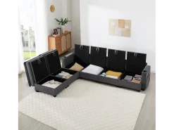 Sofá|Merax Sofá modular de 6 lugares com arrumação + apoio para os pés removível + portas USB - 280 x 152 x 83 cm - Veludo - Cinzento