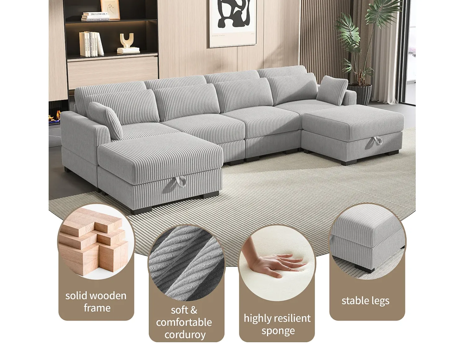 Sofá modular de veludo cotelê cinza - combinação com braços esquerdo e direito, sofá de sala de estar automontável^ Sofá