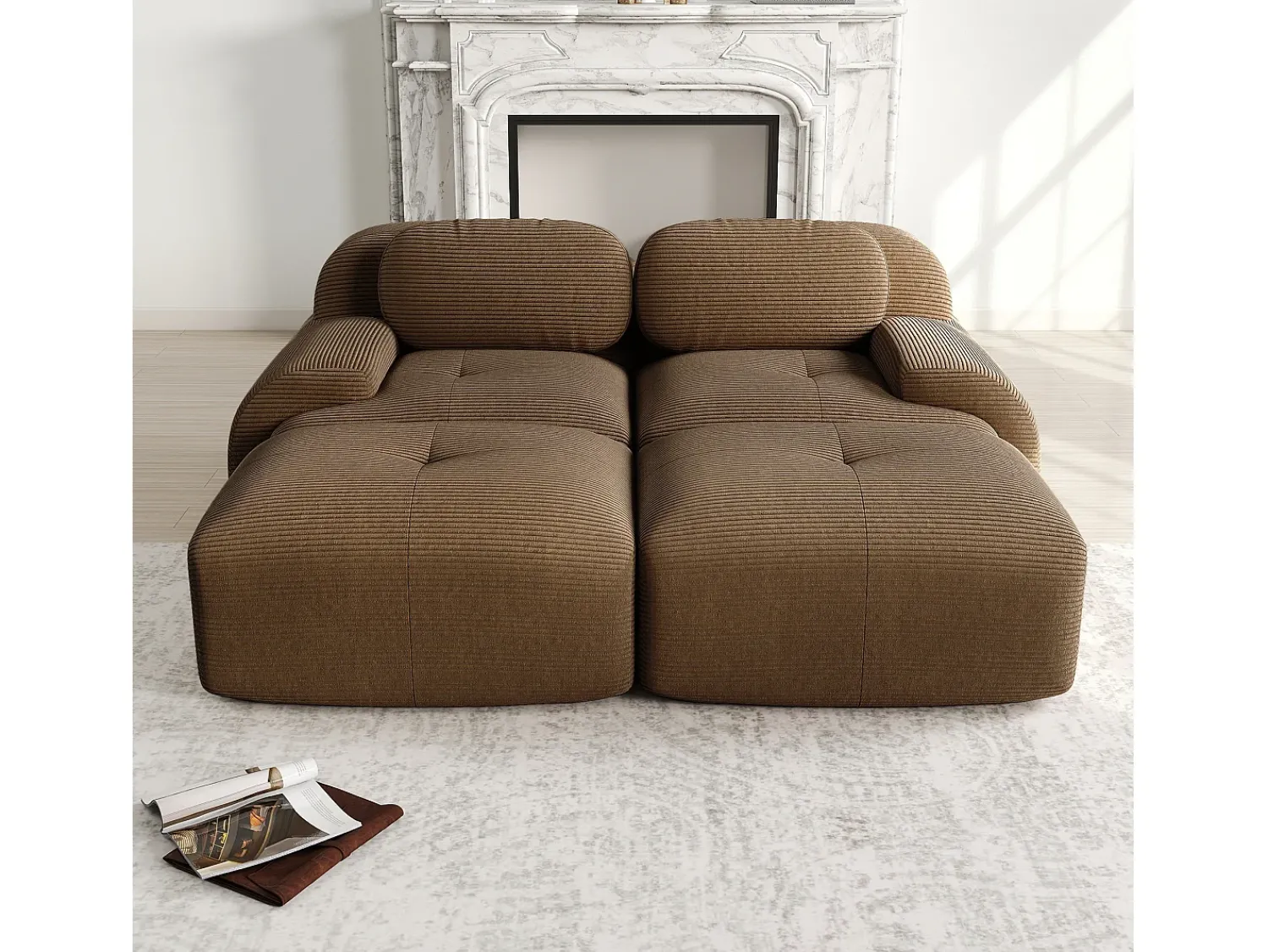Discount DripeX Sofá modular em veludo cotelê - 2 lugares - com 2 almofadas e 2 puffs - fundo antiderrapante - 208x178x70cm - Marrom Castanho