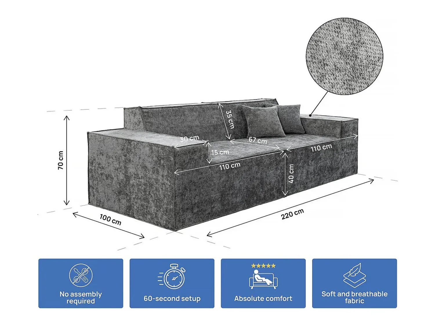 Best Habitat et jardin Sofá modular reto em tecido texturado "Lusso" - 3 lugares - Cinza Cinzento