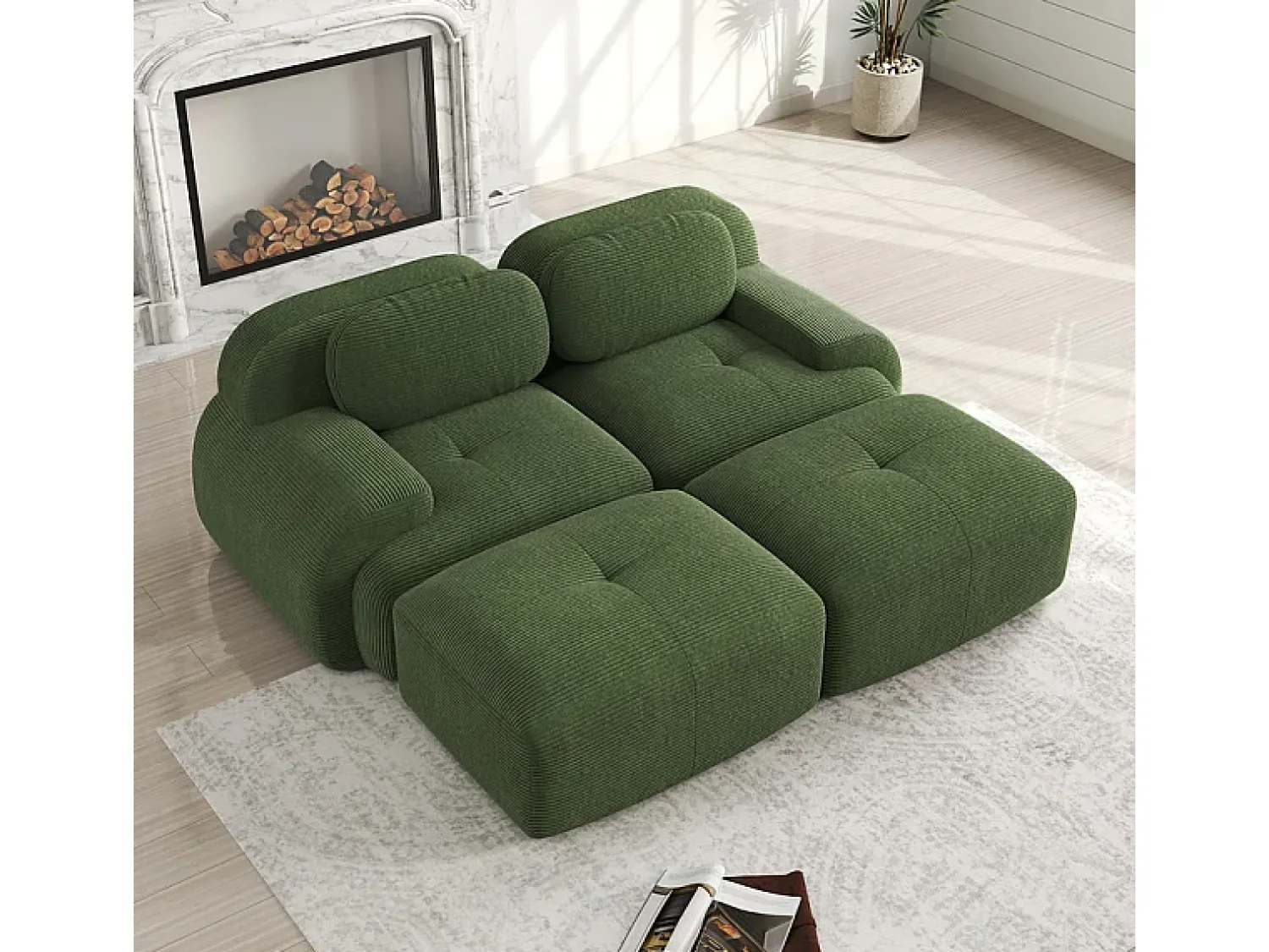 Sofá|DripeX Sofá modular veludo côtelê - 2 lugares - com 2 almofadas e 2 puff - base antiderrapante - 208x178x70cm - Verde