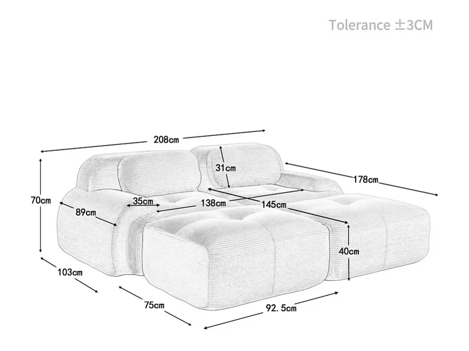Sofá|DripeX Sofá modular veludo côtelê - 2 lugares - com 2 almofadas e 2 puff - base antiderrapante - 208x178x70cm - Verde