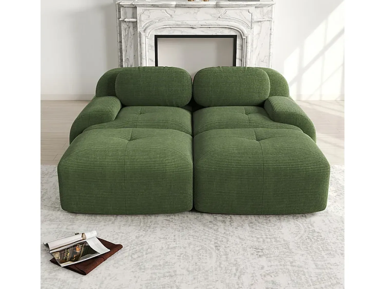 Sofá|DripeX Sofá modular veludo côtelê - 2 lugares - com 2 almofadas e 2 puff - base antiderrapante - 208x178x70cm - Verde