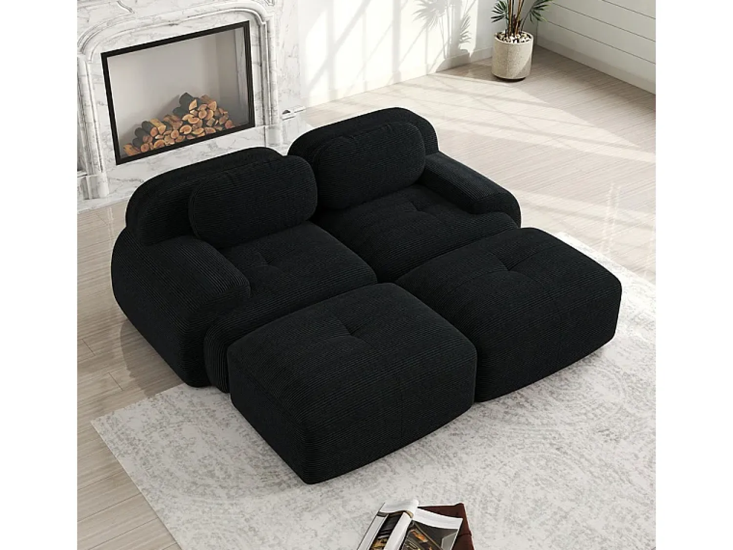 DripeX Sofá modular veludo côtelê - 2 lugares - com 2 almofadas e 2 puff - base antiderrapante - 208x178x70cm -^ Sofá