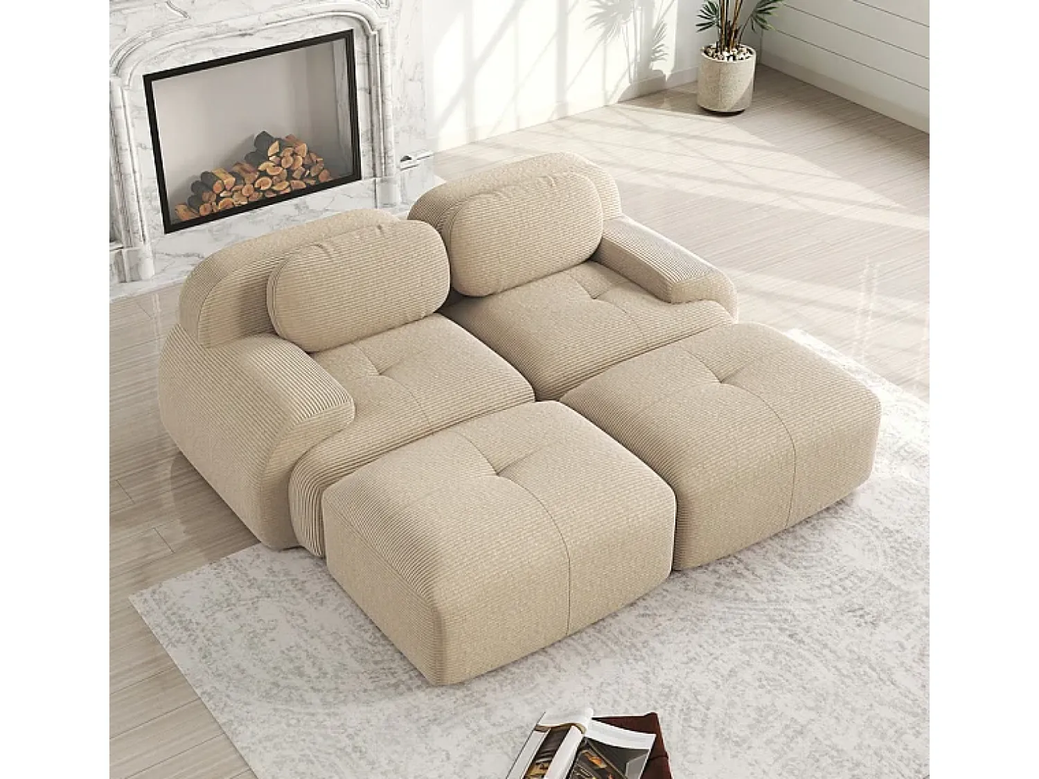 Sofá|DripeX Sofá modular veludo côtelê - 2 lugares - com 2 almofadas e 2 puff - base antiderrapante - 208x178x70cm - Bege