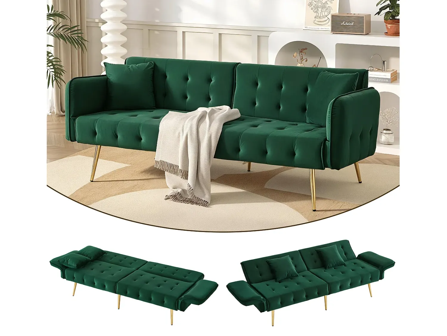ModernLuxe Sofá multifuncional 2 lugares - Encosto ajustável - Apoios de braço ajustáveis - Veludo - Verde