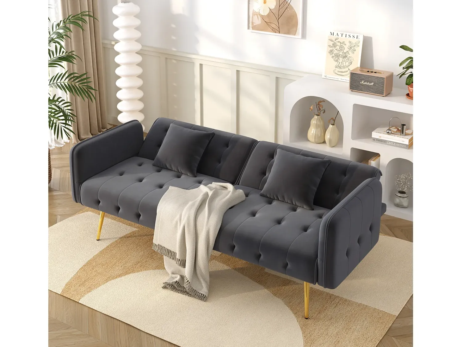 Clearance ModernLuxe Sofá multifuncional 2 lugares - Encosto ajustável - Braços ajustáveis - Veludo - Cinza Cinzento