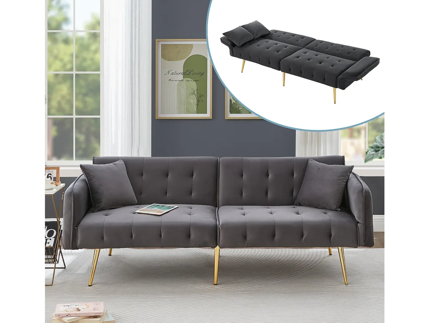 Clearance ModernLuxe Sofá multifuncional 2 lugares - Encosto ajustável - Braços ajustáveis - Veludo - Cinza Cinzento