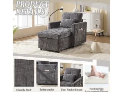 Poltrona| Sofá multifuncional com suporte para celular, poltrona de chenille para sala de estar. Cinzento