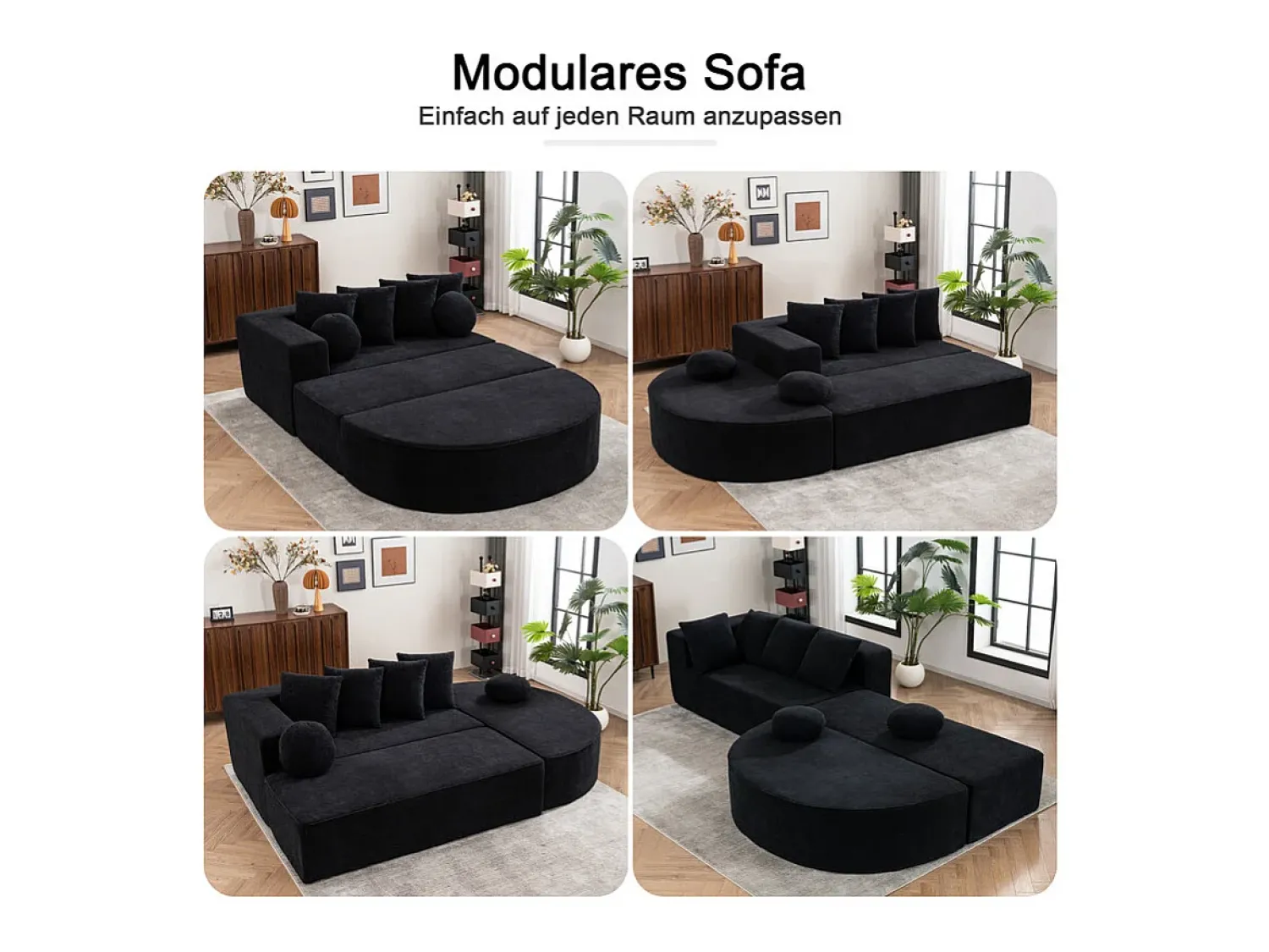 Sale DripeX Sofá panorâmico modular 5 lugares - de tecido Chenille - com 6 almofadas - 263x171x66cm Preto